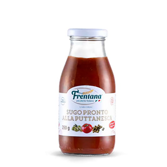 Frentana Sugo Pronto alla Puttanesca – italienische Tomatensauce mit Oliven und Kapern in der 250 g Flasche