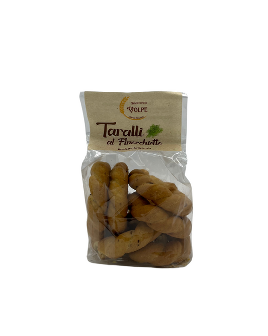 Handgemachte Taralli mit Fenchelsamen von Volpe – knuspriges italienisches Gebäck in transparenter Verpackung