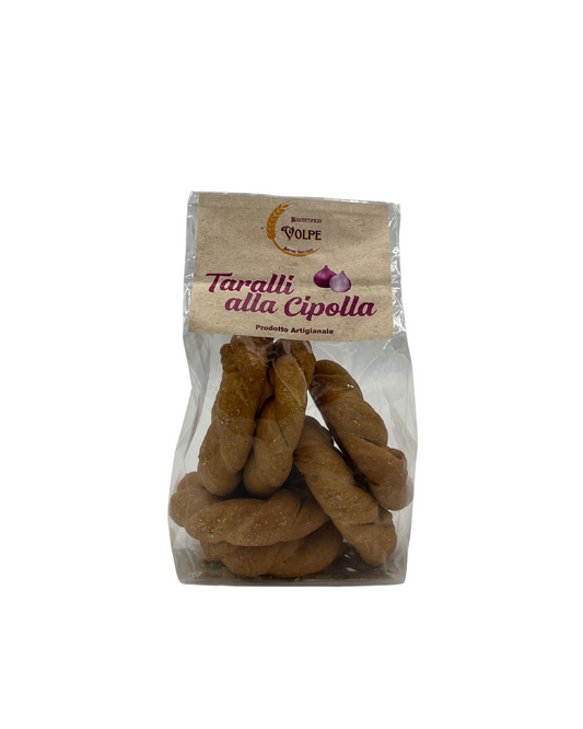 Italienische Taralli mit Zwiebel von Volpe – traditionell gebackenes Gebäck in transparenter Verpackung