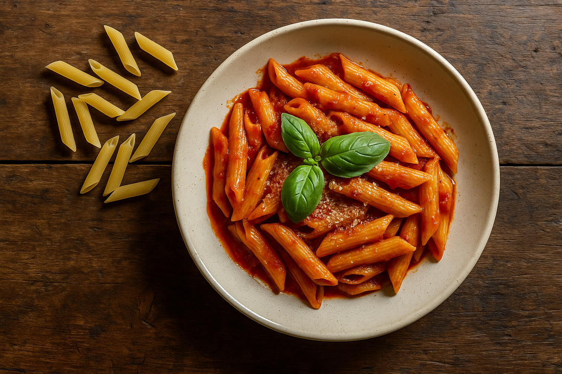 Overhead shot of Penne Rigate in arrabbiata sauce with basil and Parmesan, raw pasta scattered on rustic wood table.