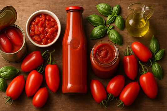 Overhead shot of Italian tomato sauces: can of whole pelati, bowl of polpa, bottle of passata and jarred sugo with fresh San Marzano tomatoes, basil and olive oil on rustic wooden table