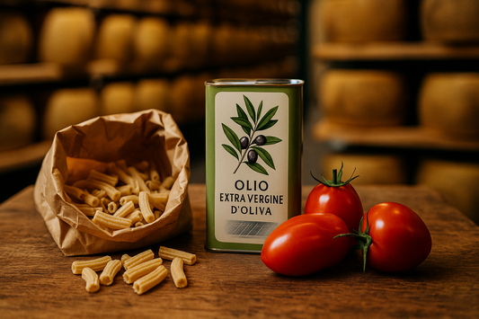 Overhead shot of sustainable Italian foods: paper-bag bronze-drawn pasta, San Marzano tomatoes, solar-powered olive oil tin and Parmigiano wheels maturing in an energy-efficient cellar.