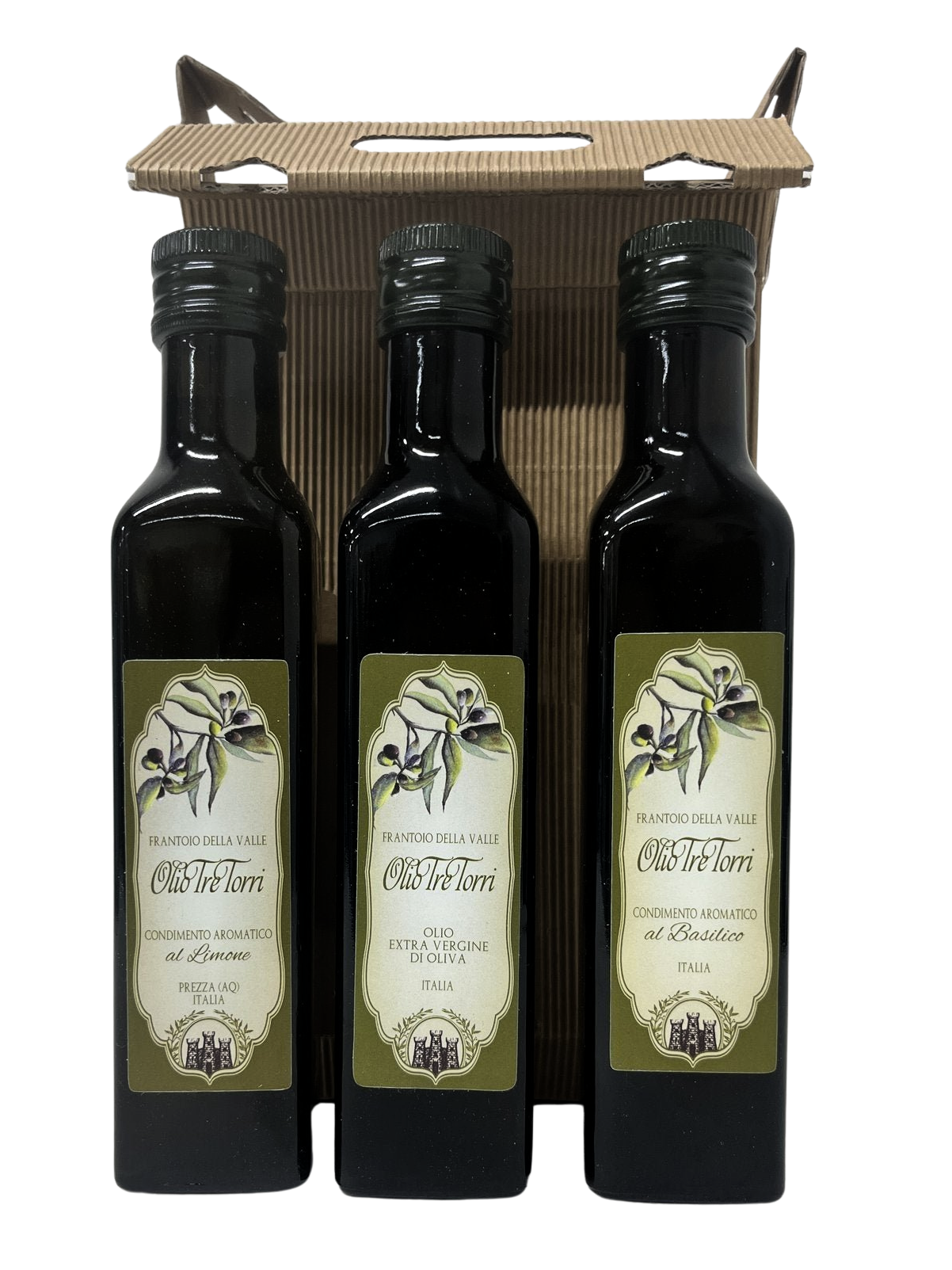 Olivenöl Probierset 250 ml - Extra Natives Olivenöl natur, mit Zitronen und mit Basilikumsinfusion - Tre Torri