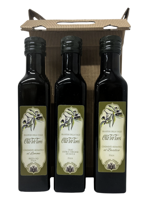 Olivenöl Probierset 250 ml - Extra Natives Olivenöl natur, mit Zitronen und mit Basilikumsinfusion - Tre Torri