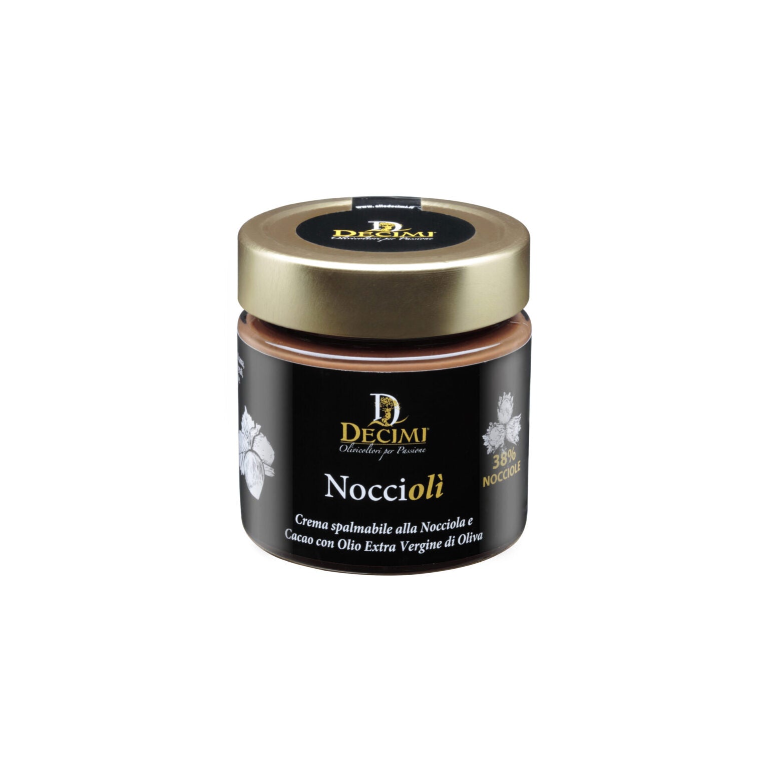 Decimi Noccioli – italienische Nuss-Nougat-Creme mit 38 % Haselnüssen und nativem Olivenöl extra in edlem Glas