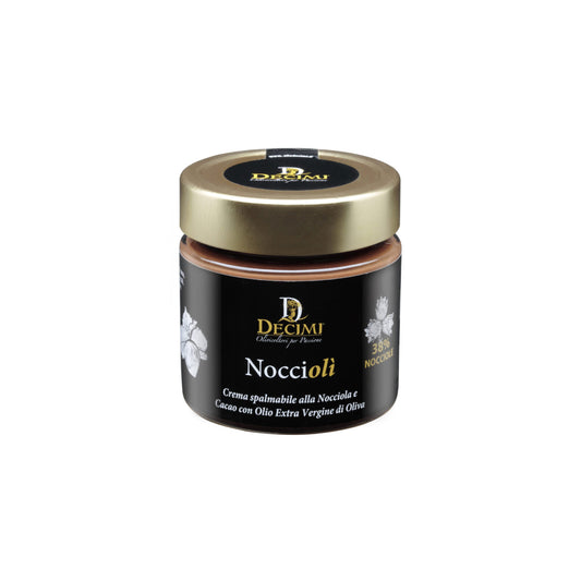 Decimi Noccioli – italienische Nuss-Nougat-Creme mit 38 % Haselnüssen und nativem Olivenöl extra in edlem Glas