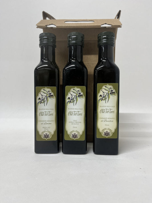 Olivenöl Probierset 250 ml - Extra Natives Olivenöl natur, mit Zitronen und mit Basilikumsinfusion - Tre Torri